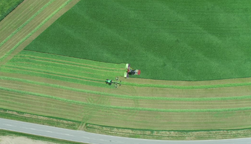 Drone image of mower and windrower doing silage harvesting.